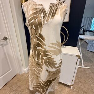 Coral Bay Beige and White Leaf Print Dress Size small